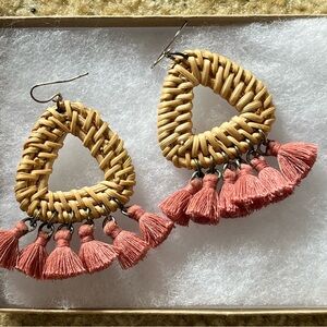 Boho Woven Teardrop Earrings with Pink Tassels + Other fun Earrings + necklace